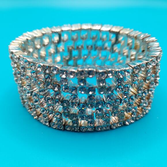 Vintage Monet Stretch Bracelet, Clear Rhinestones, Wide Bracelet - Picture 6 of 9